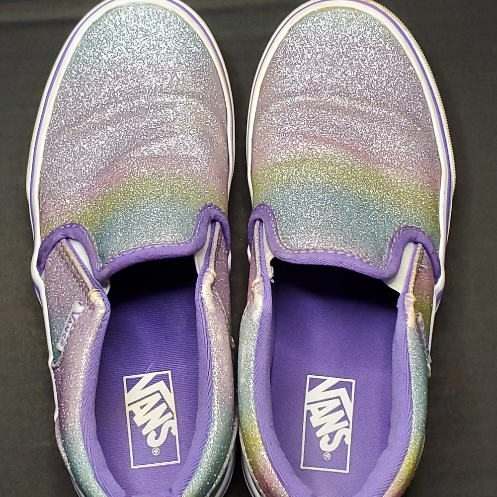 Vans Kids Glitter Slip-On Sneakers in Purple with Rainbow Accents